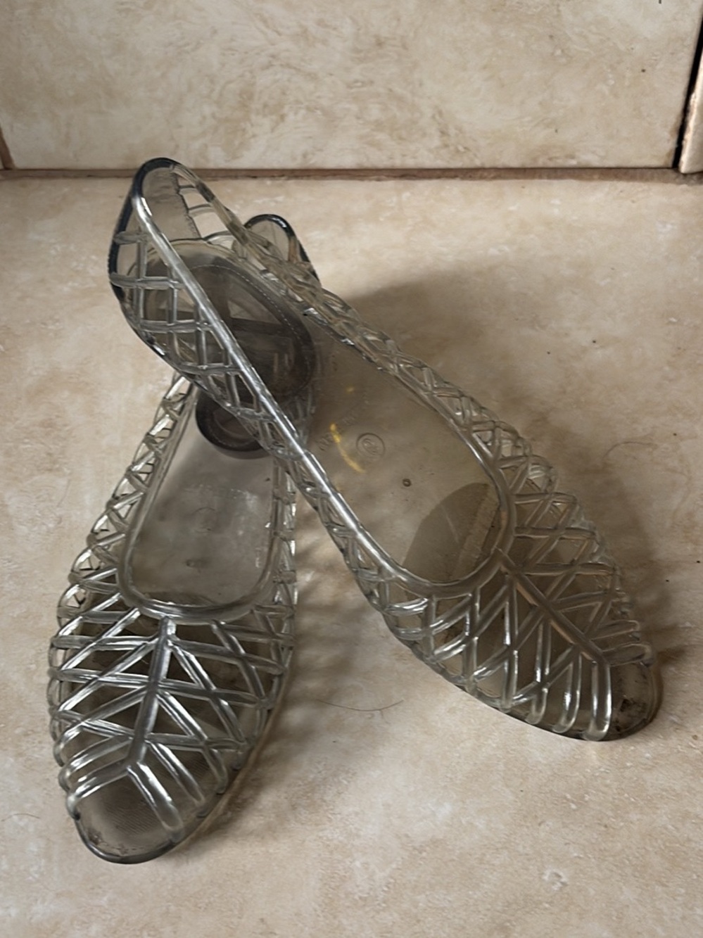 Women's Clear Grey Jelly Flats with Woven Lattice Design